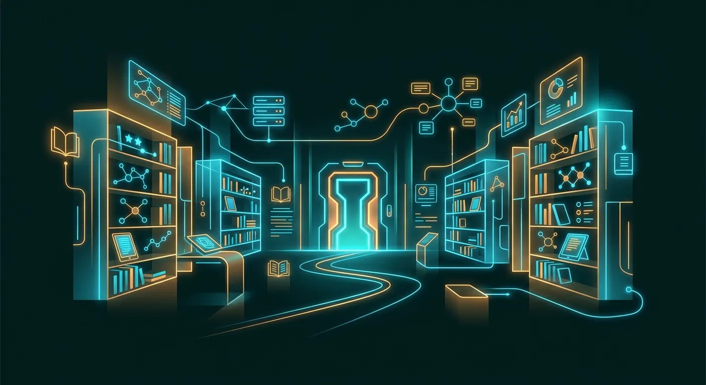 Ilustrasi perpustakaan data dan fakta digital untuk pemain